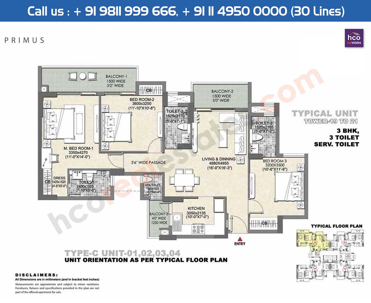 3 BHK + 3T + SR + TOI, Type - C, Unit - 1 to 4, Typical Unit Tower - 19 to 21 Primus