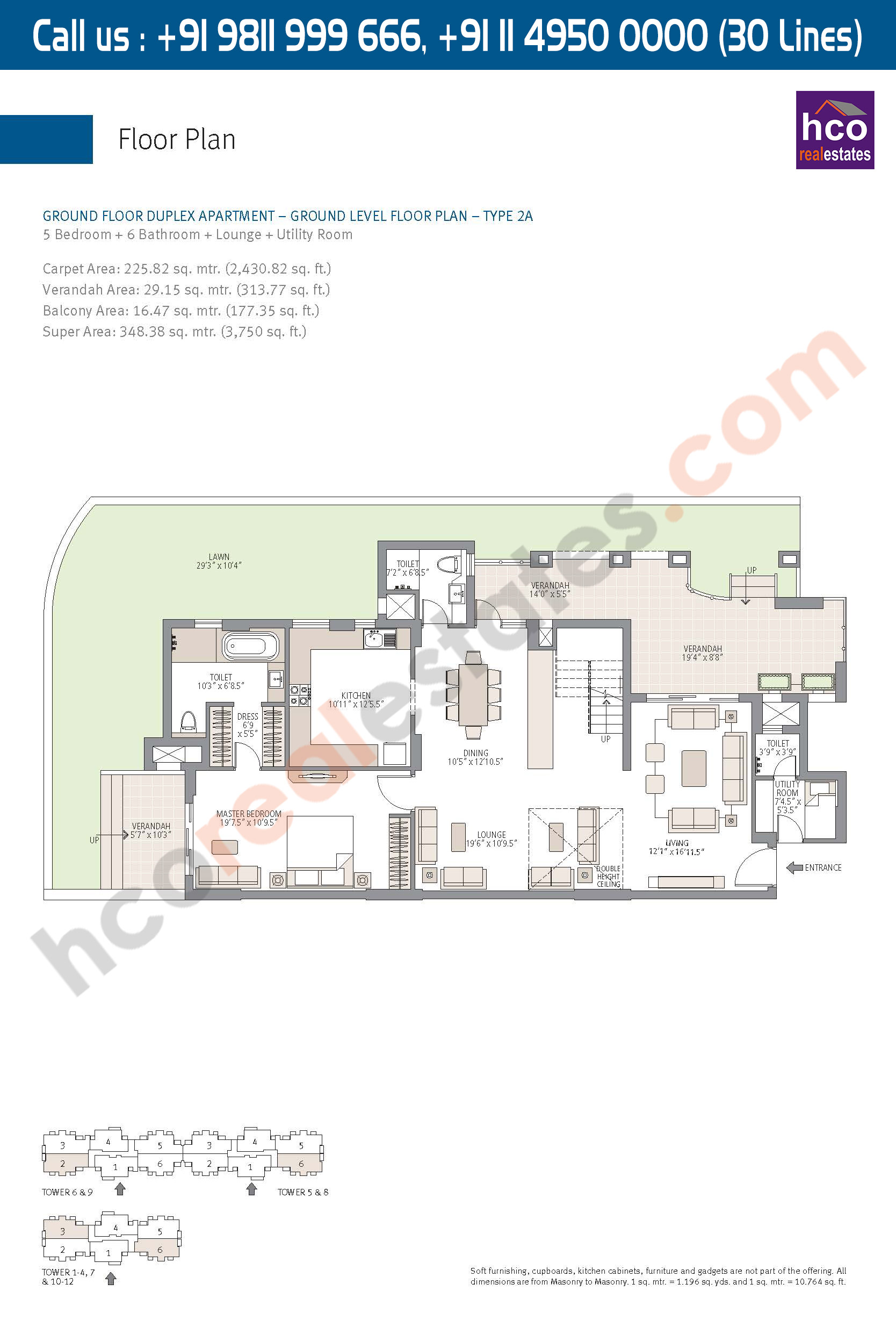 Type - 2A, Ground Level Floor Plan, Ground Floor Duplex, Apartment Carpet Area : 2430 Sq. Ft