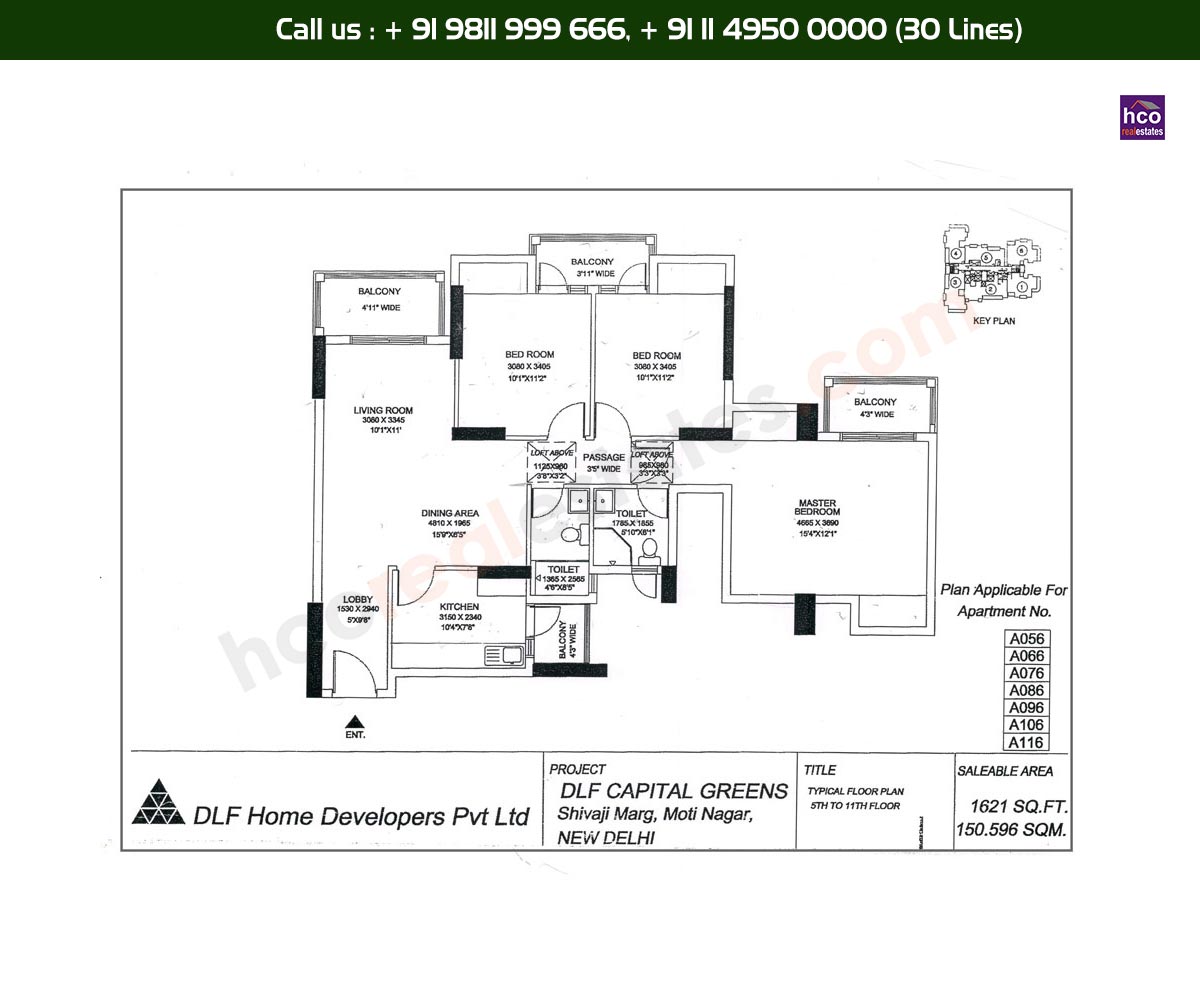 3 BHK + 2T - 5th, 11th, Typical- Floor Plan, A56 - A116 Block: 1621 Sq. Ft.