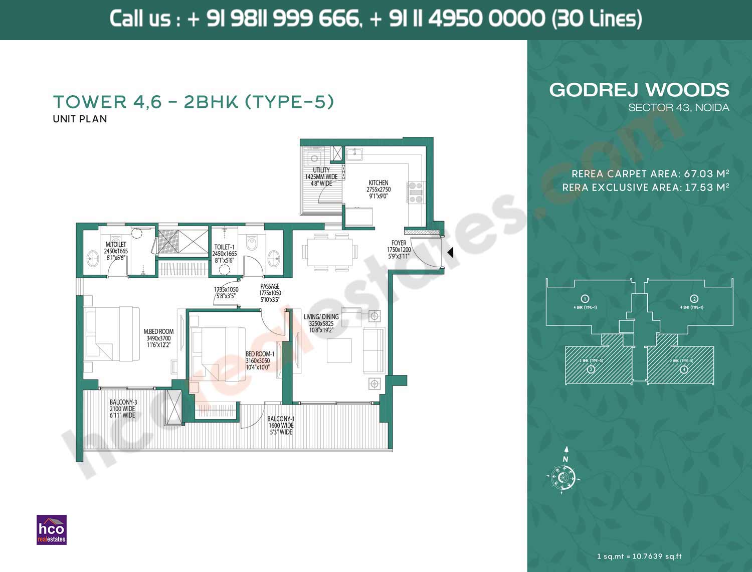 2 BHK, Type – 5, Tower – 4 & Tower – 6: 670 Sq. Ft.