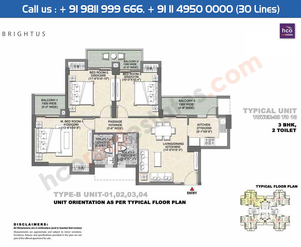 3 BHK + 2T, Type - B, Unit - 1 to 4, Typical Unit, Tower - 8 to 10 Brightus