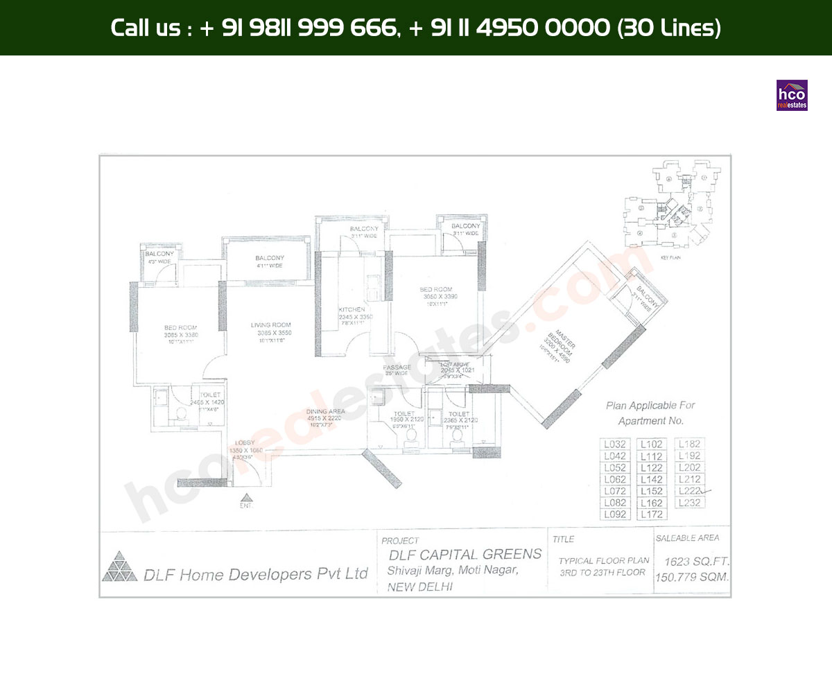 3 BHK + 3T, 3rd, 23th, Typical Floor Plan, L32 - L232 Block: 1623 Sq. Ft.