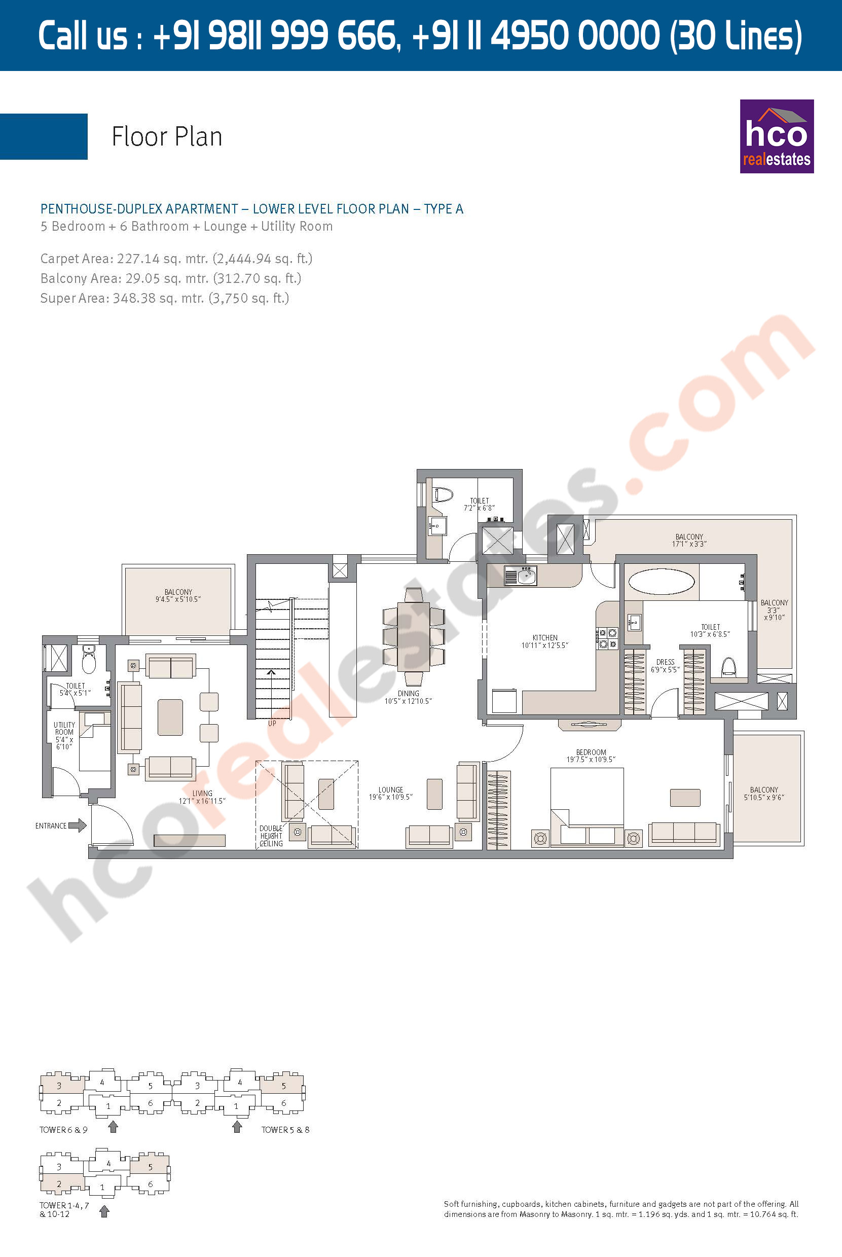Lower Level Floor Plan, Penthouse Duplex, Apartment Carpet, Area : 2445 Sq. Ft