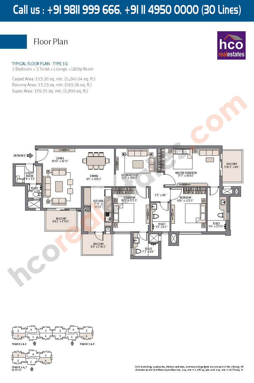 Type - 1G, Typical Floor Plan, Carpet Area : 1240 Sq. Ft