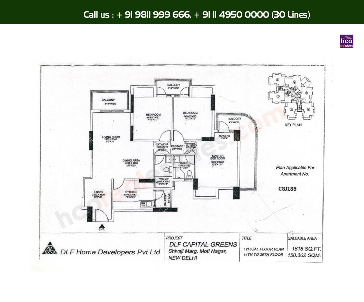 3 BHK + 2T - 14th, 29th, Typical Floor Plan: 1618 Sq. Ft.