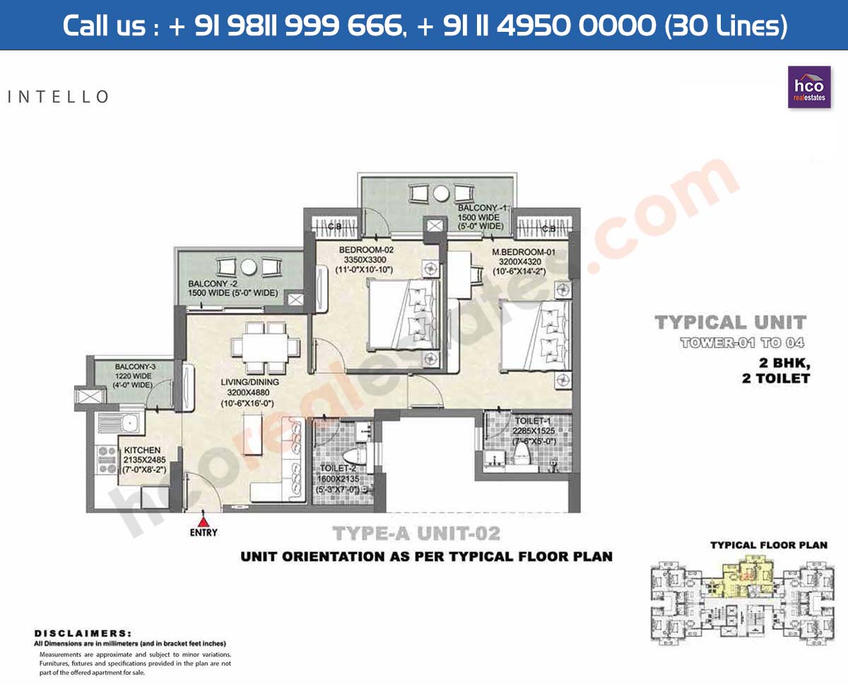 2 BHK + 2T, Type - A, Unit - 2, Typical Unit, Tower - 1 to 4 Intello