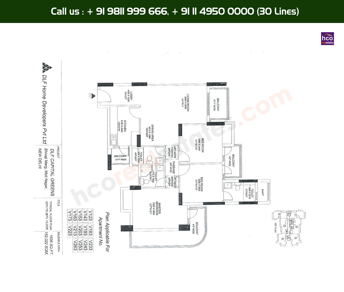 3 BHK + 3T, 12th, 26th, Typical Floor Plan, V123 - V263 Block: 1636 Sq. Ft.
