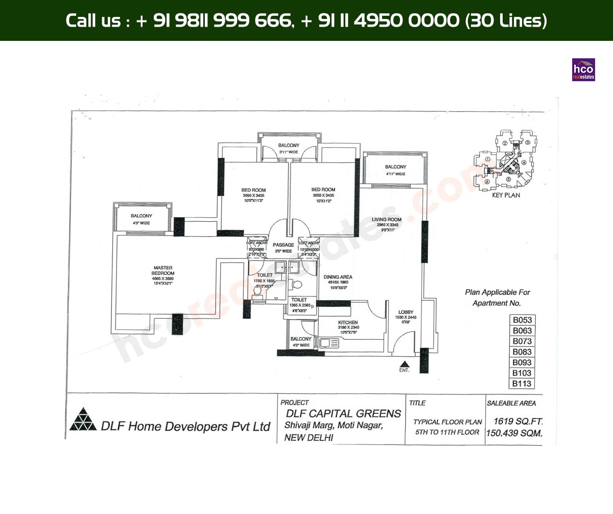 3 BHK + 2T - 5th, 11th, Typical Floor Plan, B53 - B113 Block: 1619 Sq. Ft.