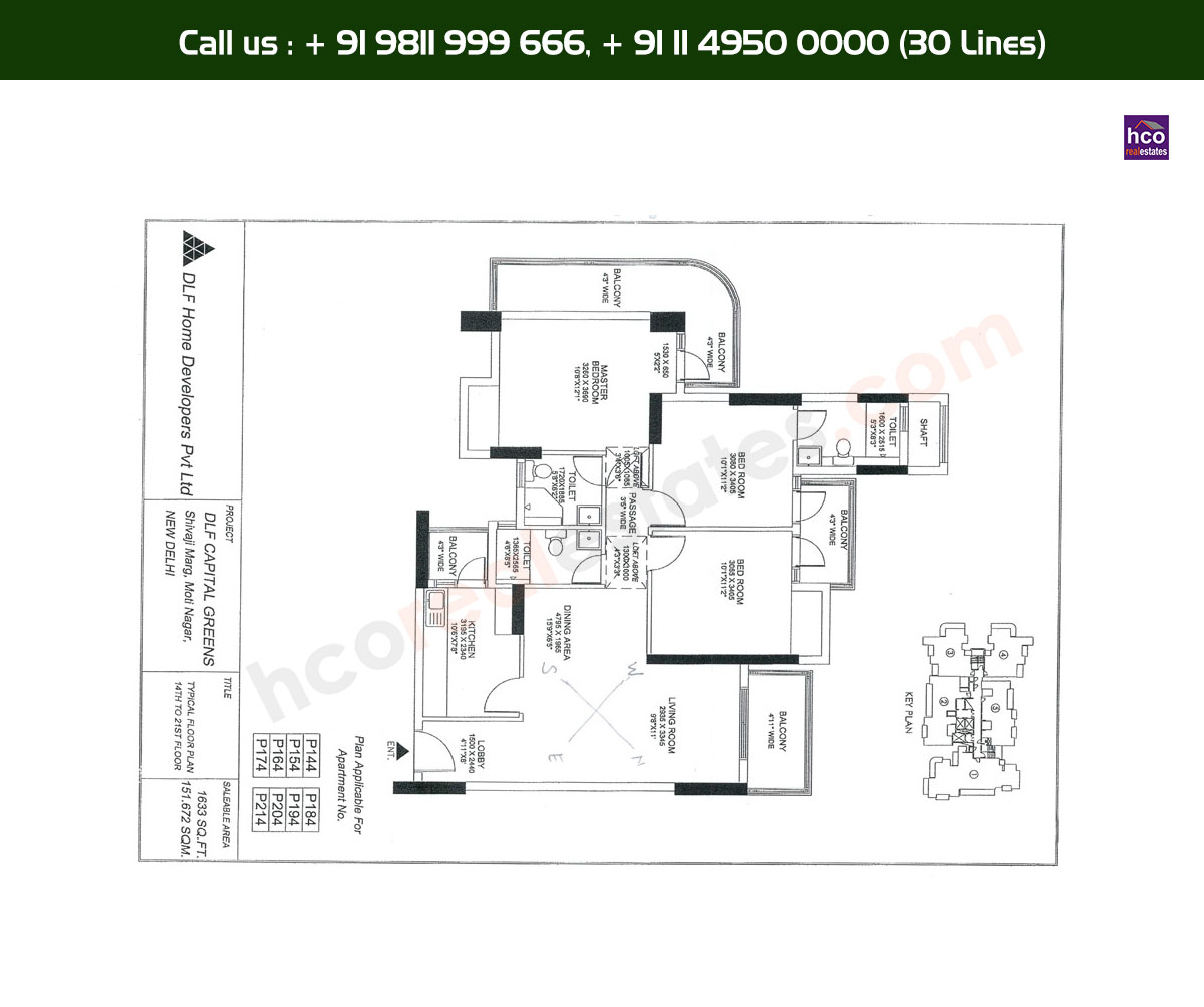 3 BHK + 3T, 14th, 21st, Typical Floor Plan, P144 - P214 Block: 1633 Sq. Ft.