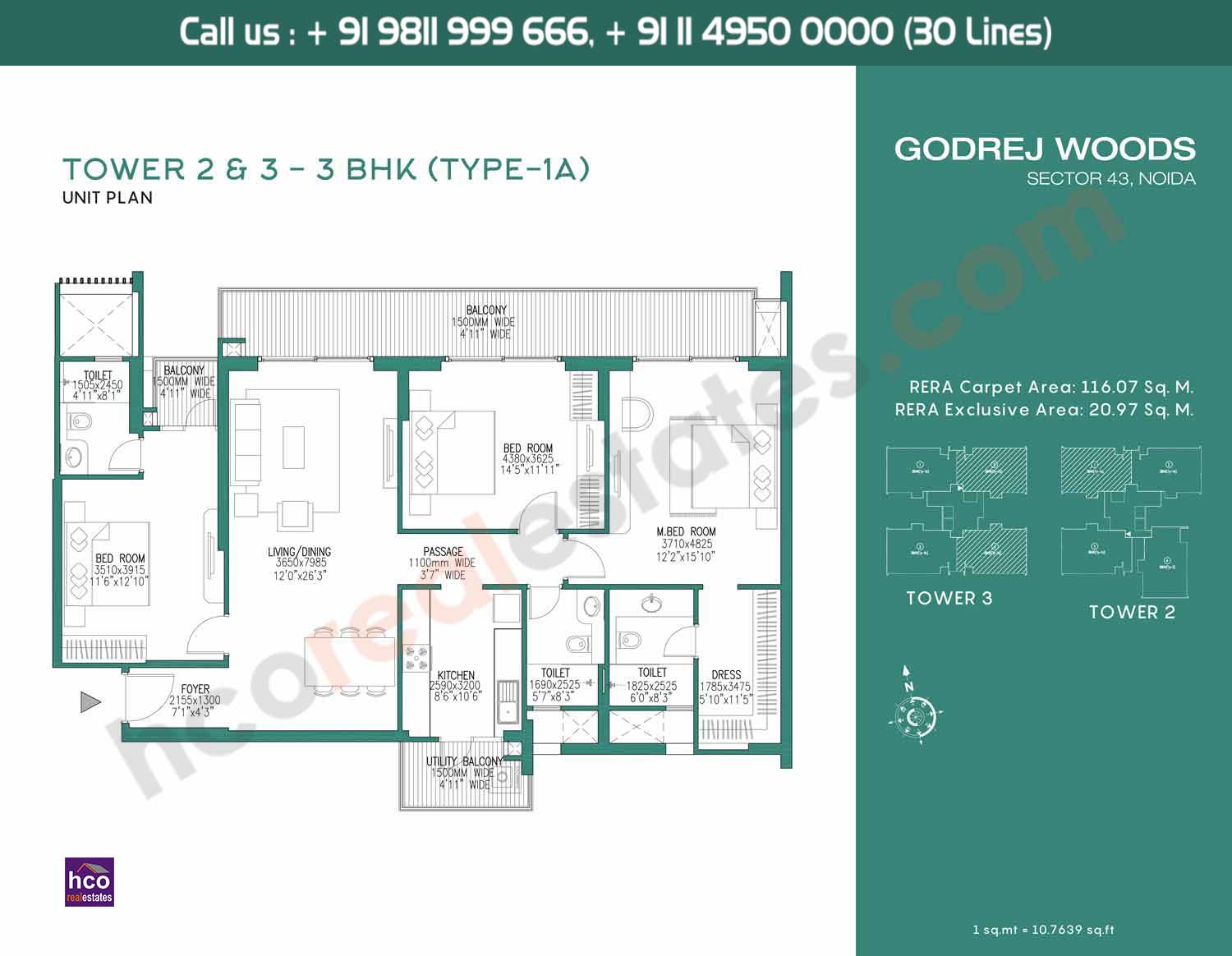 3 BHK, Type – 1A, Tower – 2 & Tower – 3: 1160 Sq. Ft.