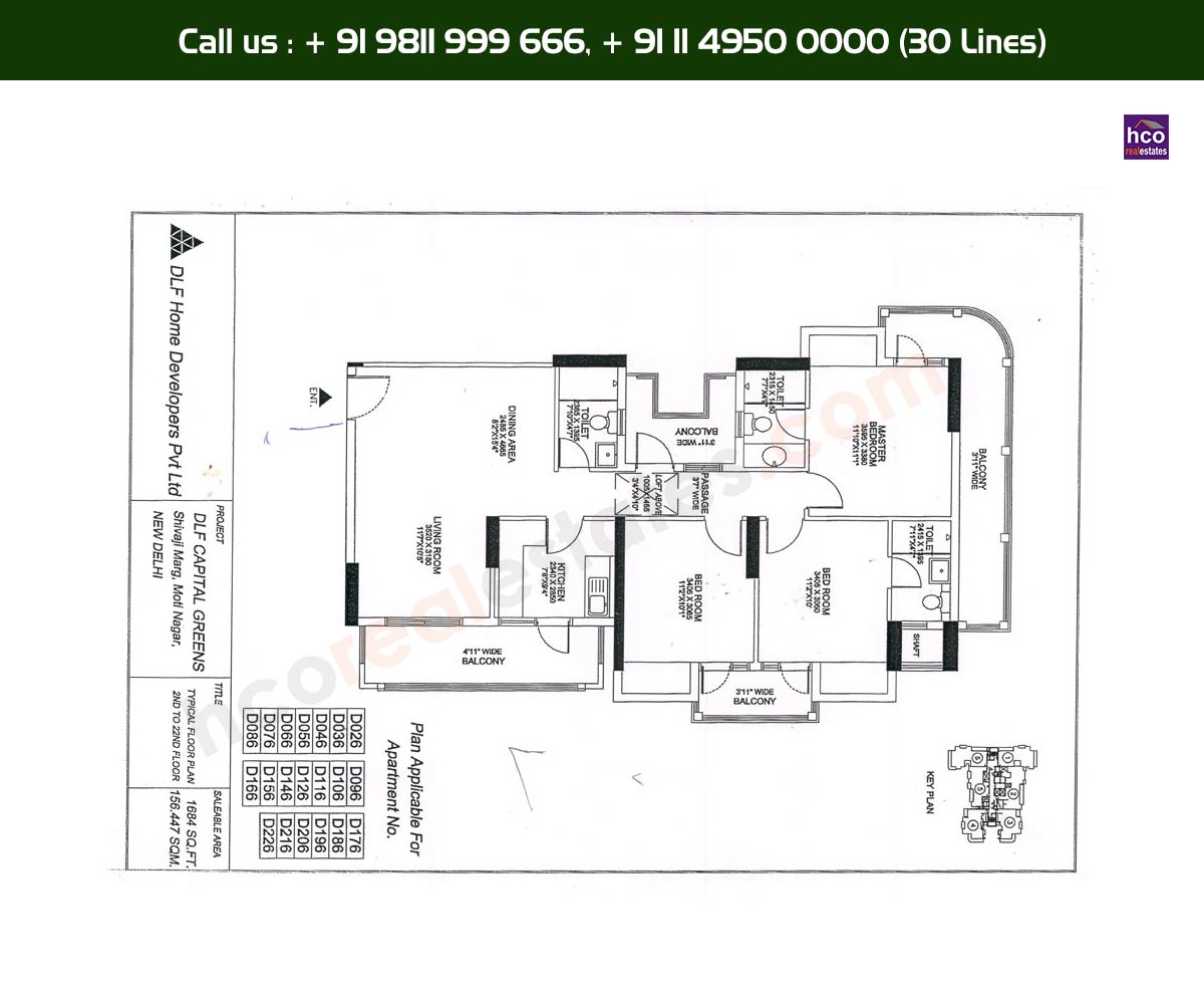3 BHK + 3T - 2nd, 22nd, Typical Floor Plan, D Block: 1684 Sq. Ft.