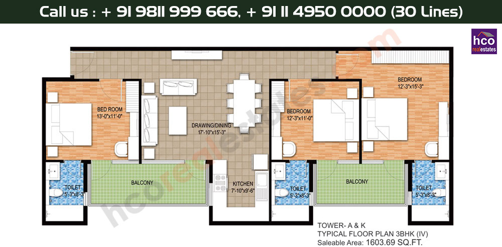 Tower A & K, Typical Floor Plan, 3 BHK Type 4: 1603 Sq.Ft.