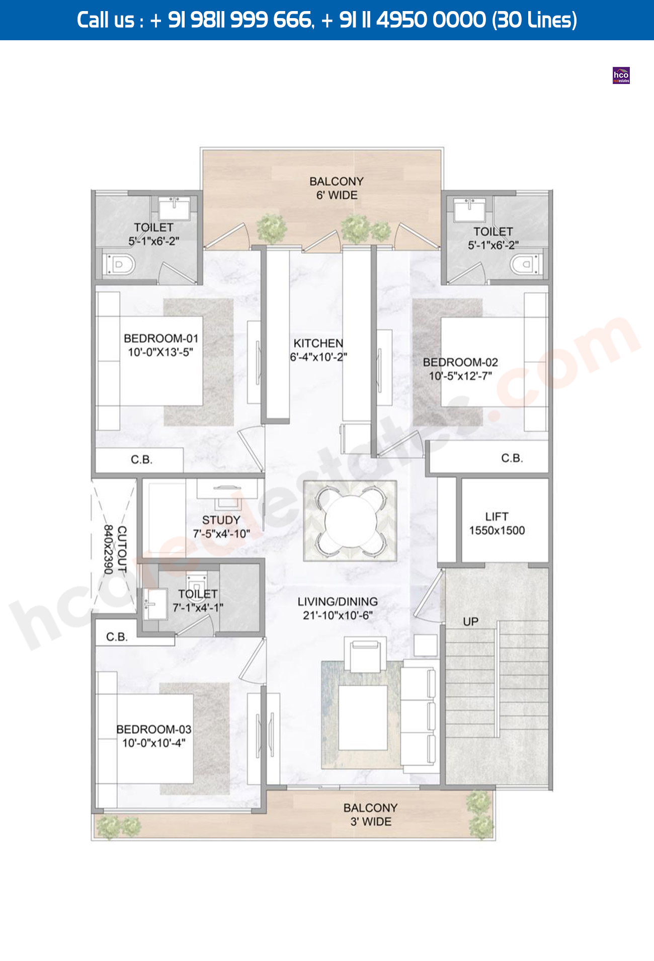 3 BHK + 3T My Space: 1300 Sq. Ft.