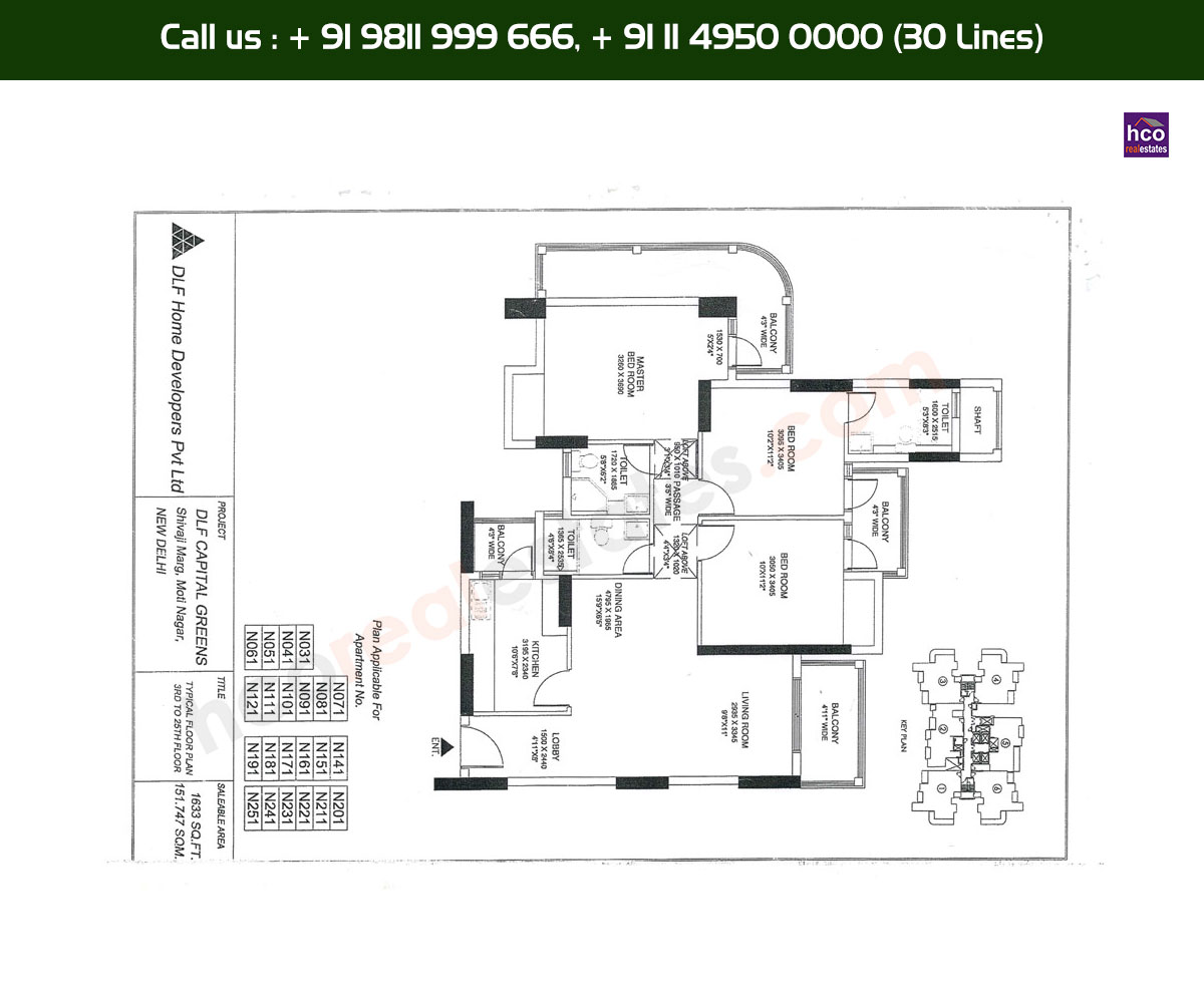 3 BHK + 3T, 3rd, 25th, Typical Floor Plan, N31 - N251 Block: 1633 Sq. Ft.