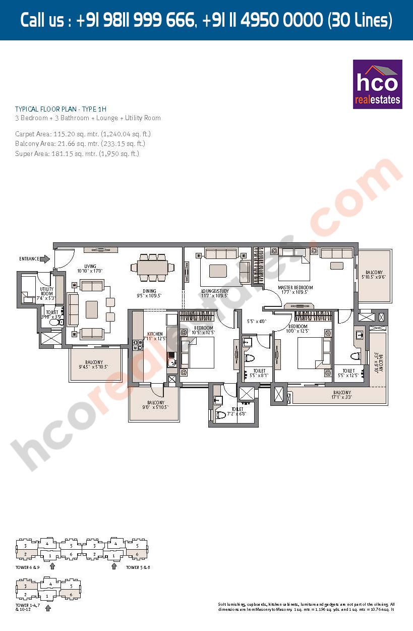Type - 1H, Typical Floor Plan, Carpet Area : 1240 Sq. Ft