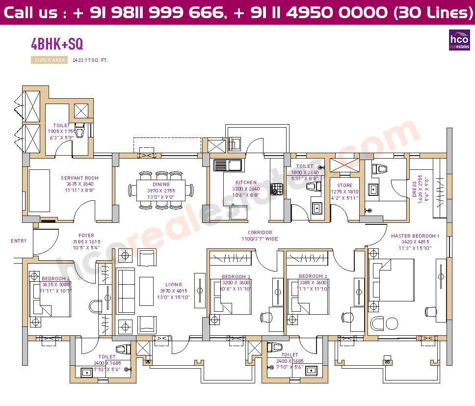4 BHK + Servant Floor Plan : 2423 Sq.Ft.