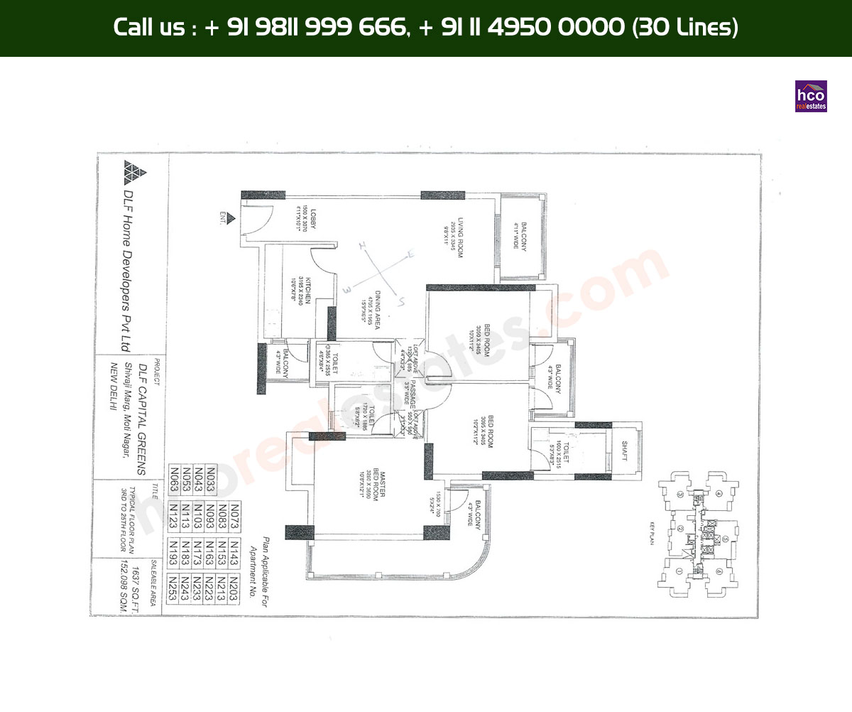 3 BHK + 3T, 3rd, 25th, Typical Floor Plan, N33 - N253 Block: 1637 Sq. Ft.