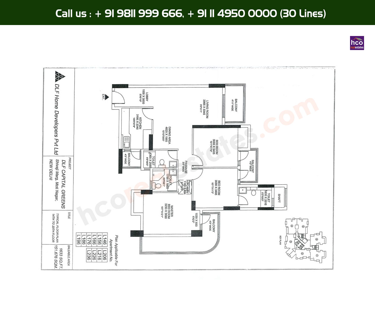 3 BHK + 3T, 14th, 23th, Typical Floor Plan, L146 - L236 Block: 1633 Sq. Ft.