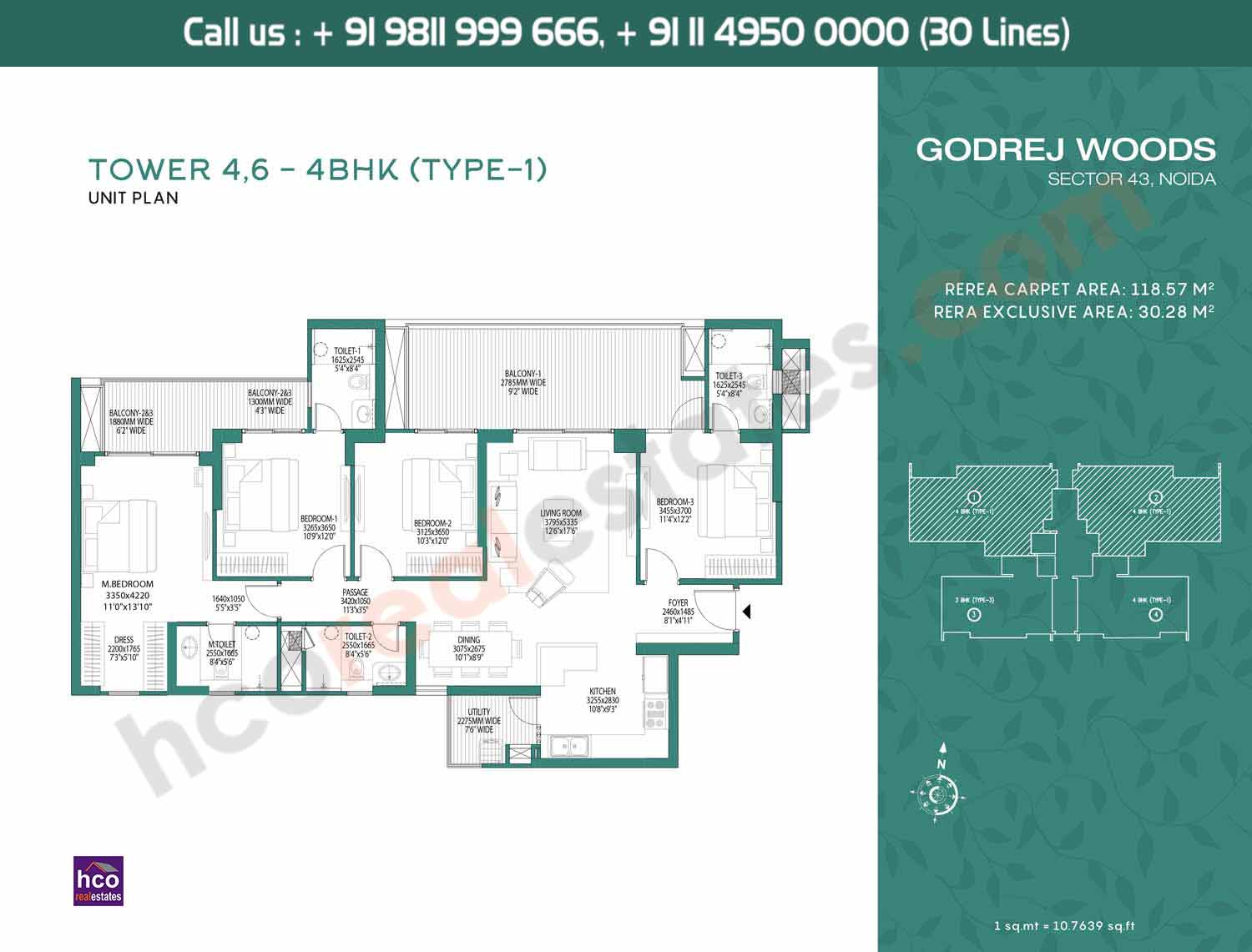 4 BHK, Type – 1, Tower – 4 & Tower – 6: 1180 Sq. Ft.