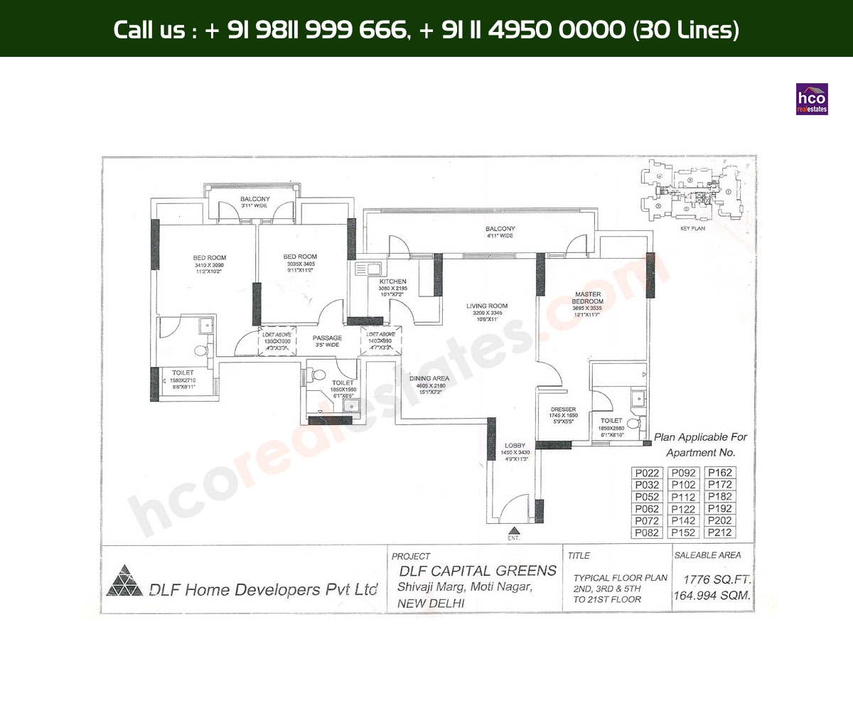 3 BHK + 3T, 2nd, 3rd, 5th, 21st, Typical Floor Plan, P22 - P212 Block: 1776 Sq. Ft.