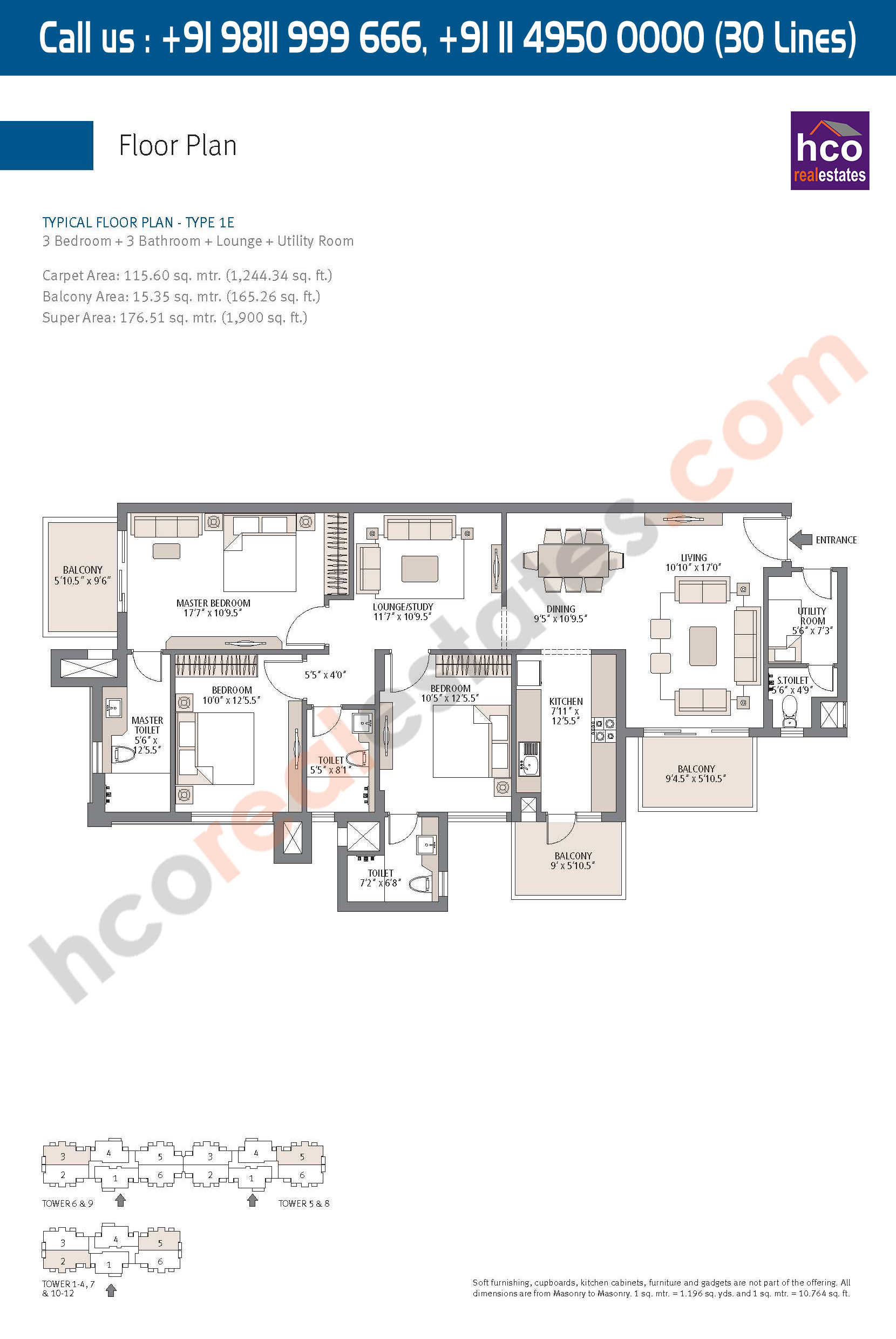 Type - 1E, Typical Floor Plan, Carpet Area : 1244 Sq. Ft