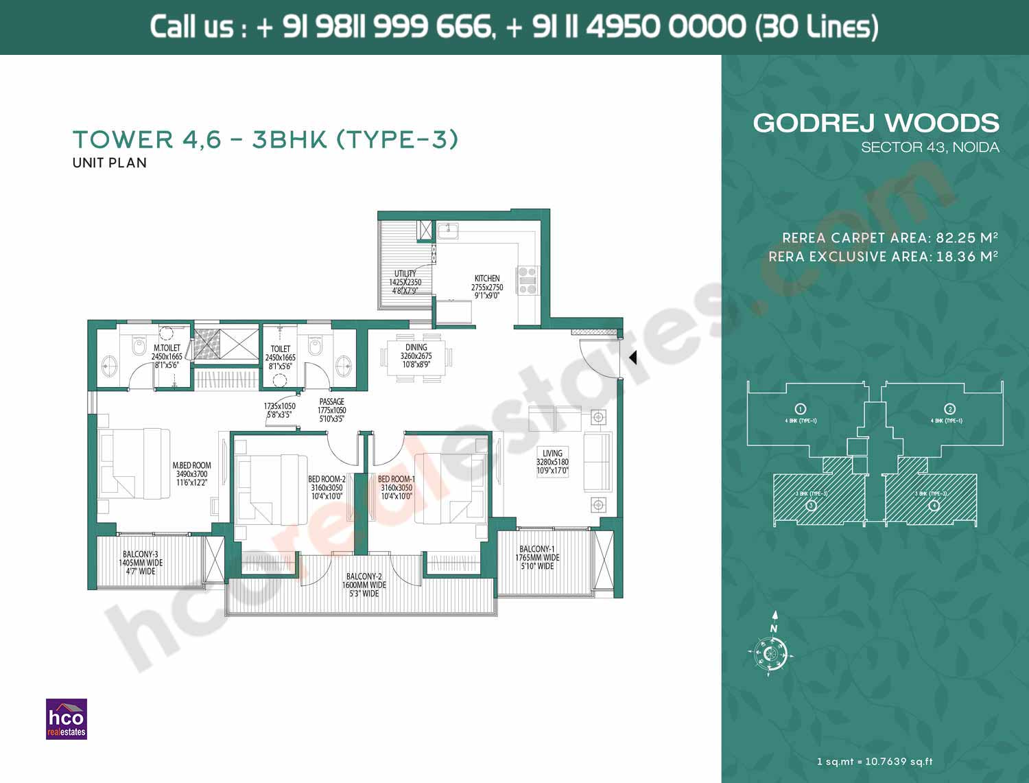 3 BHK, Type – 3, Tower – 4 & Tower – 6: 820 Sq. Ft.