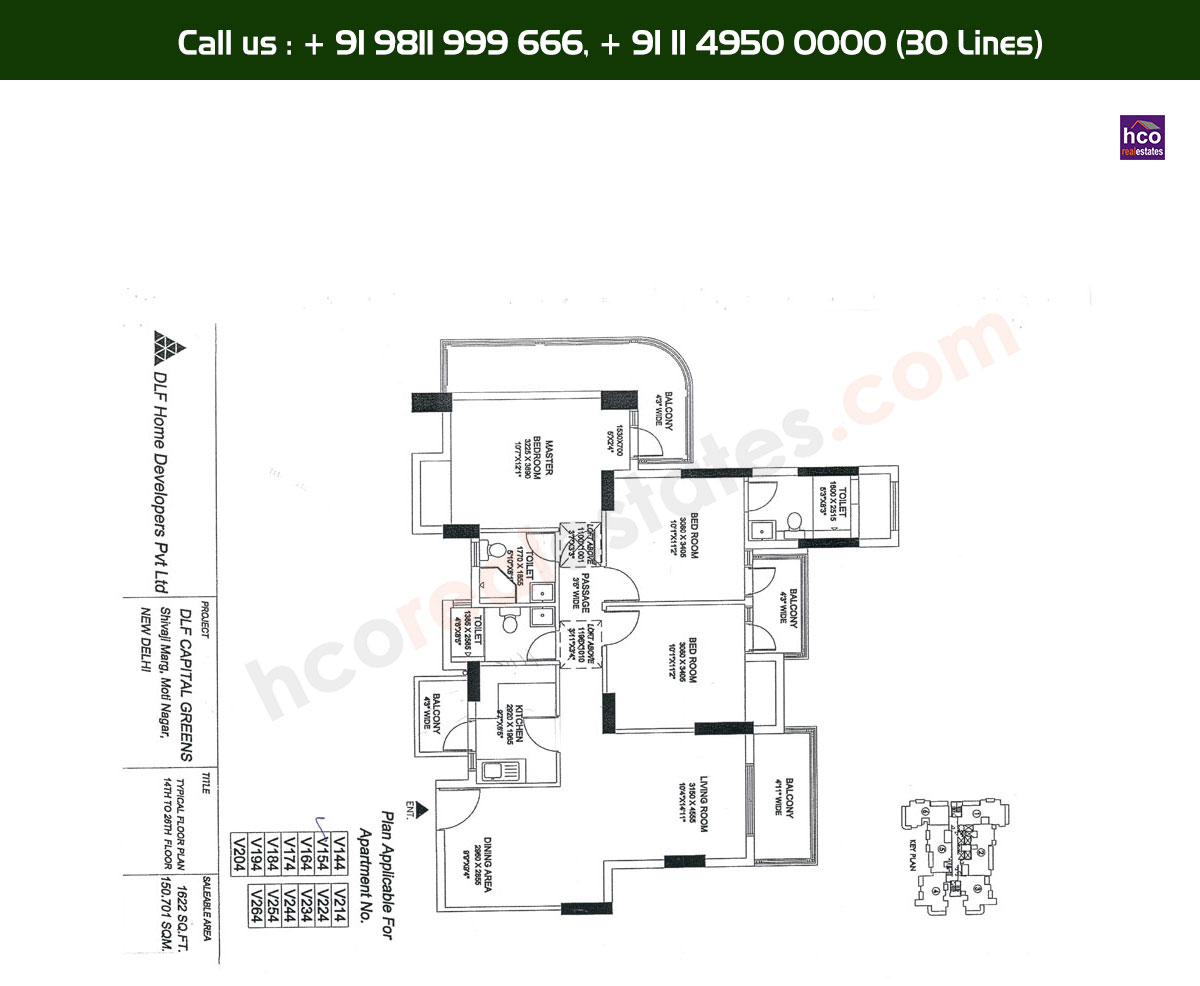 3 BHK + 3T, 14th, 26th, Typical Floor Plan, V144 - V264 Block: 1622 Sq. Ft.