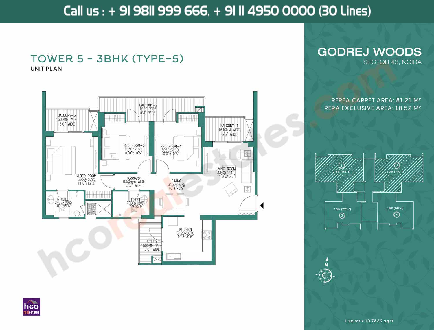 3 BHK, Type – 5, Tower – 5: 810 Sq. Ft.