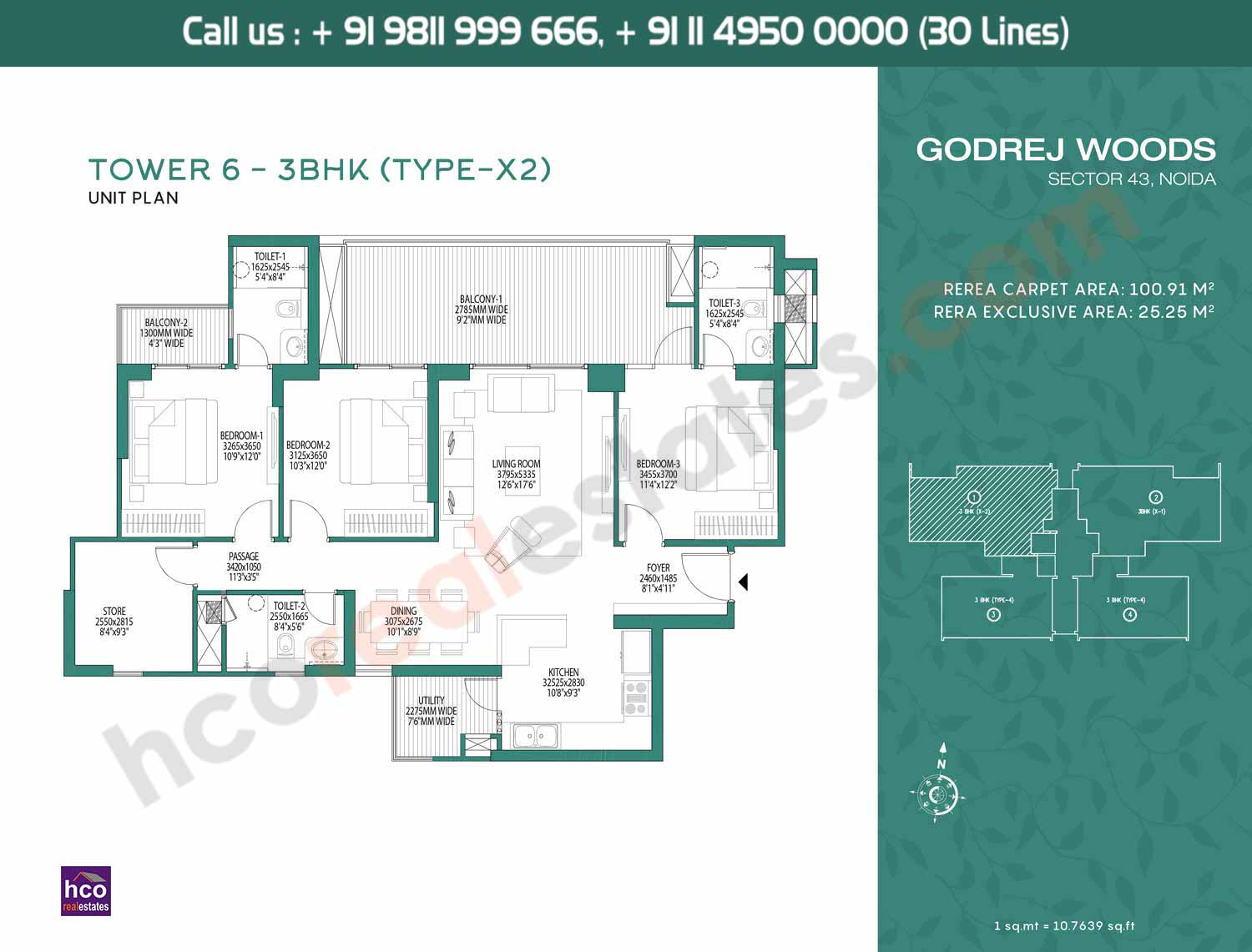 3 BHK, Type - X2, Tower – 6: 1000 Sq. Ft.