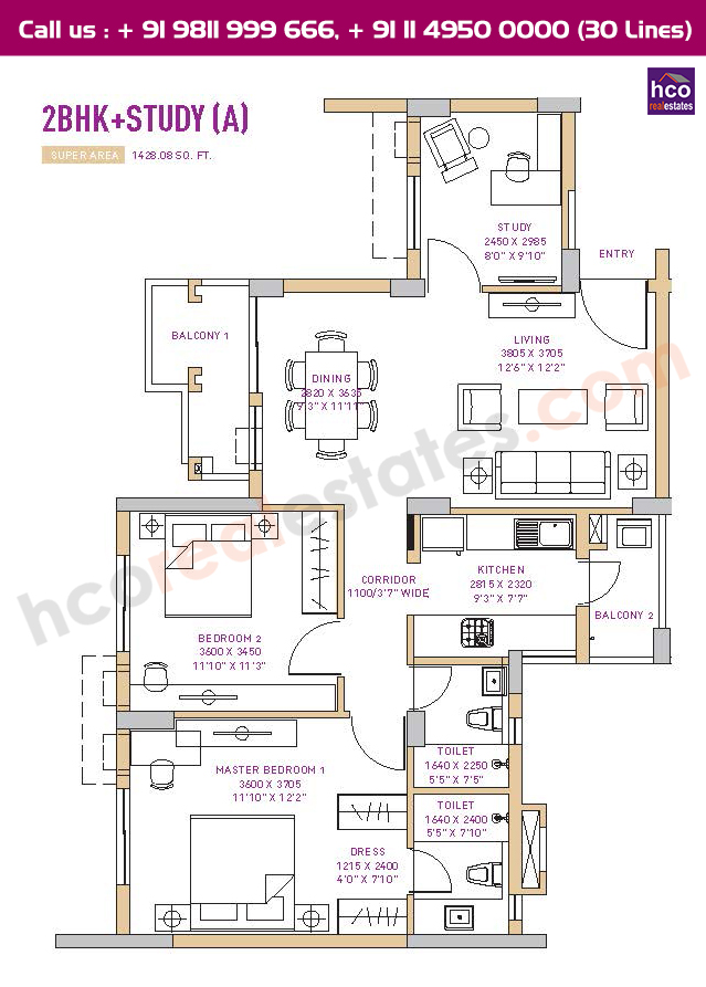 2 BHK + Study Type A Floor Plan : 1428 Sq.Ft.