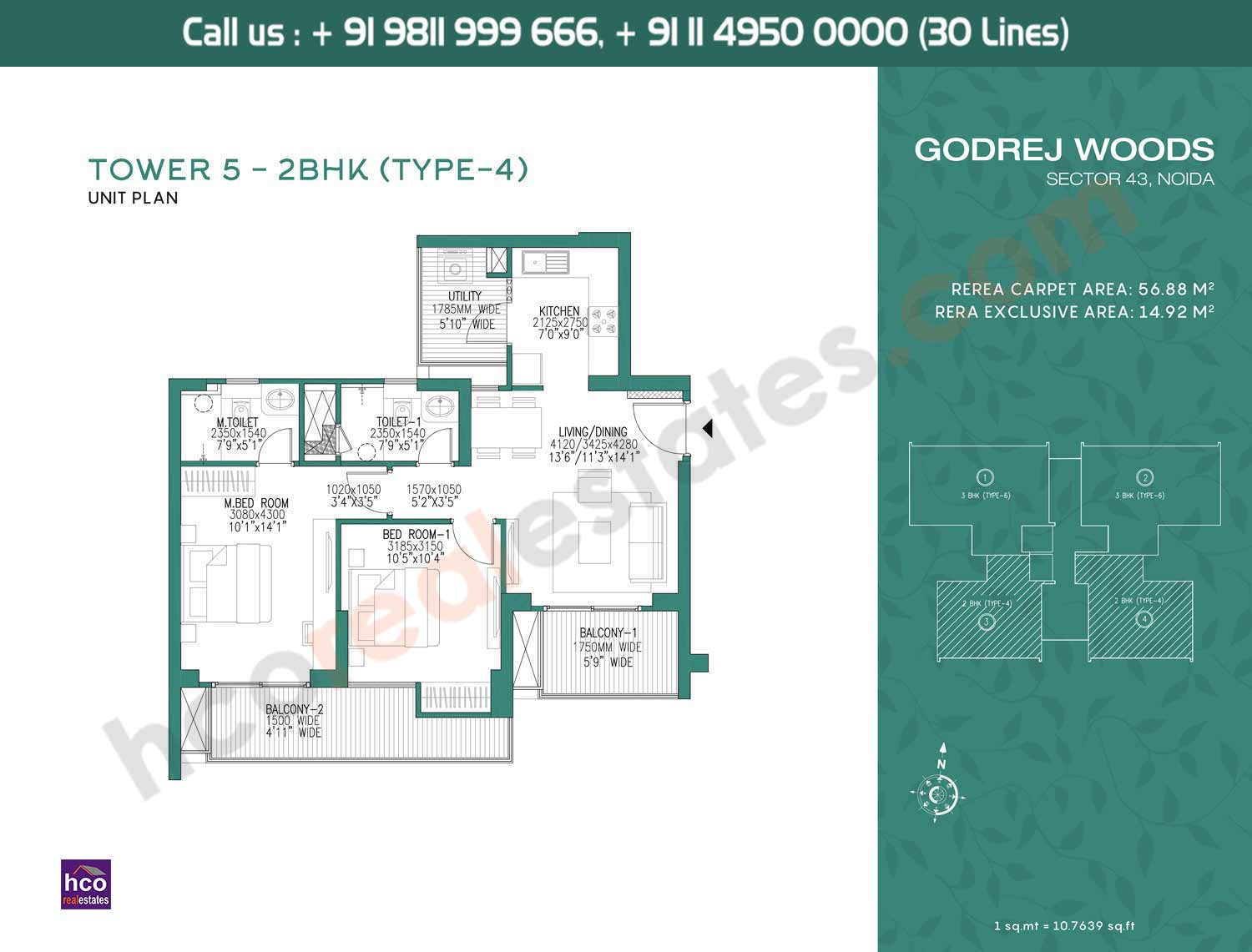 2 BHK, Type – 4, Tower – 5: 560 Sq. Ft.