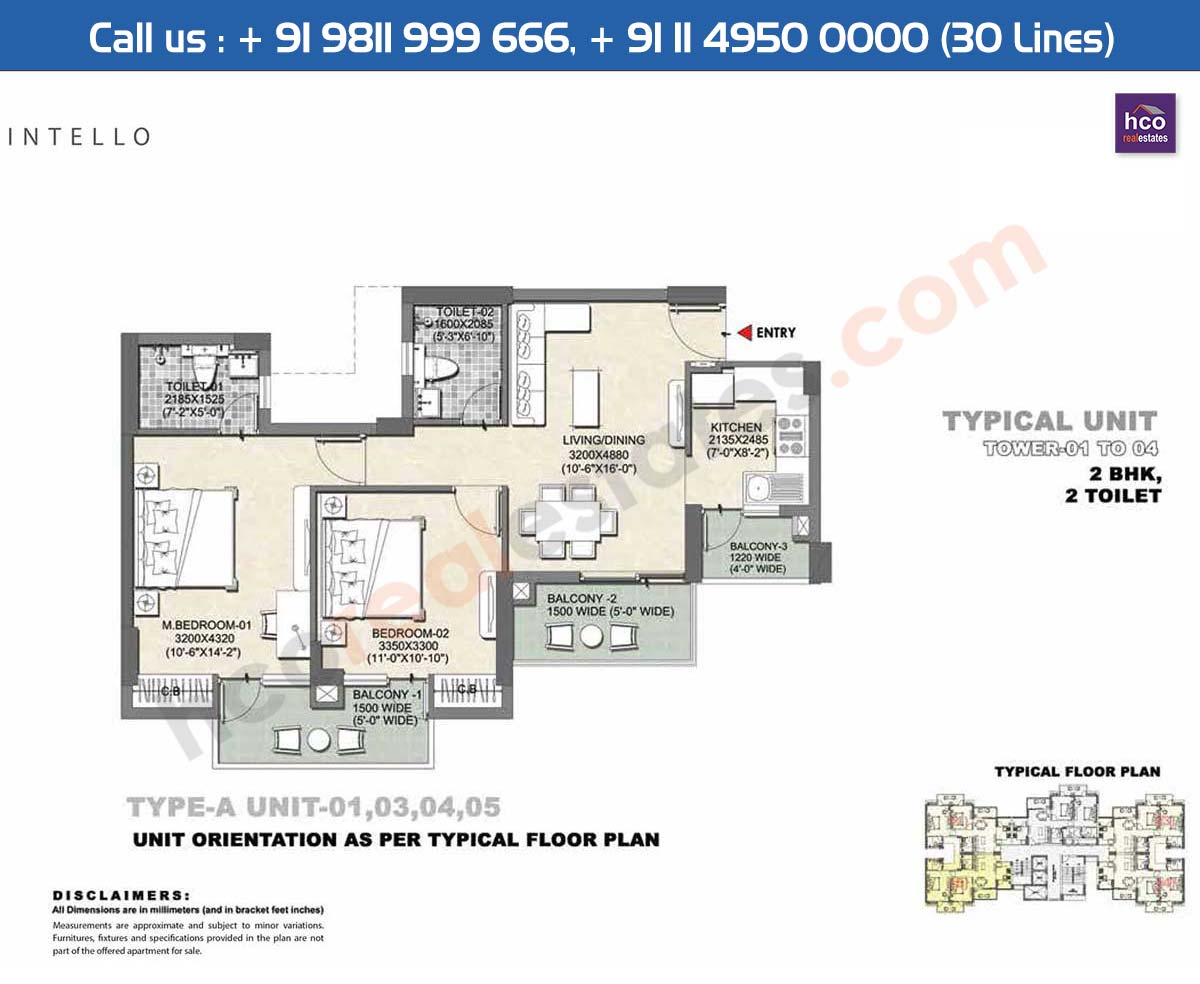 2 BHK + 2T, Type - A, Unit - 1,3,4,5,Typical Unit Tower - 1 to 4 Intello