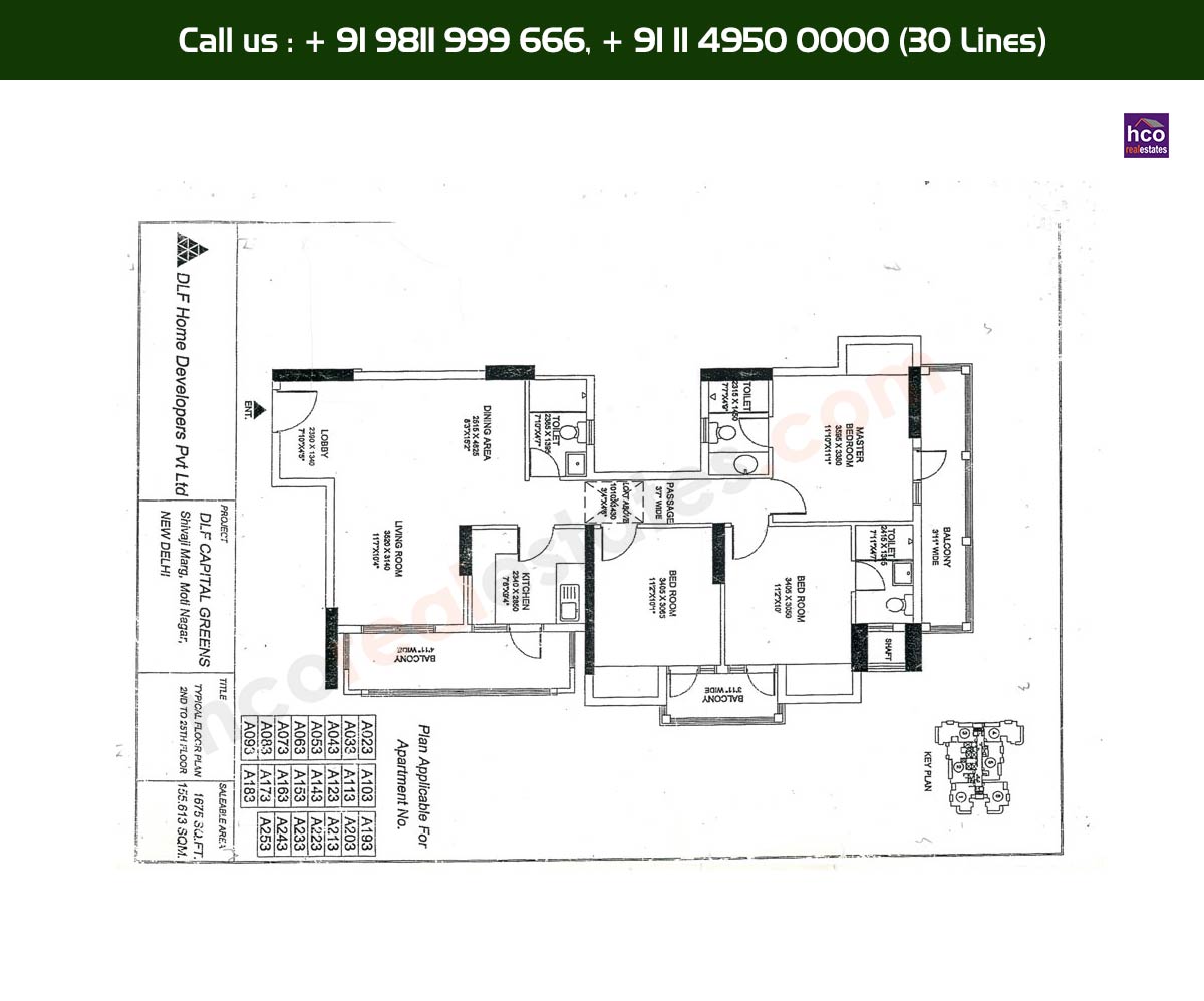 3 BHK + 3T - 2nd, 25th, Typical Floor Plan, A23 - A235 Block: 1675 Sq. Ft.