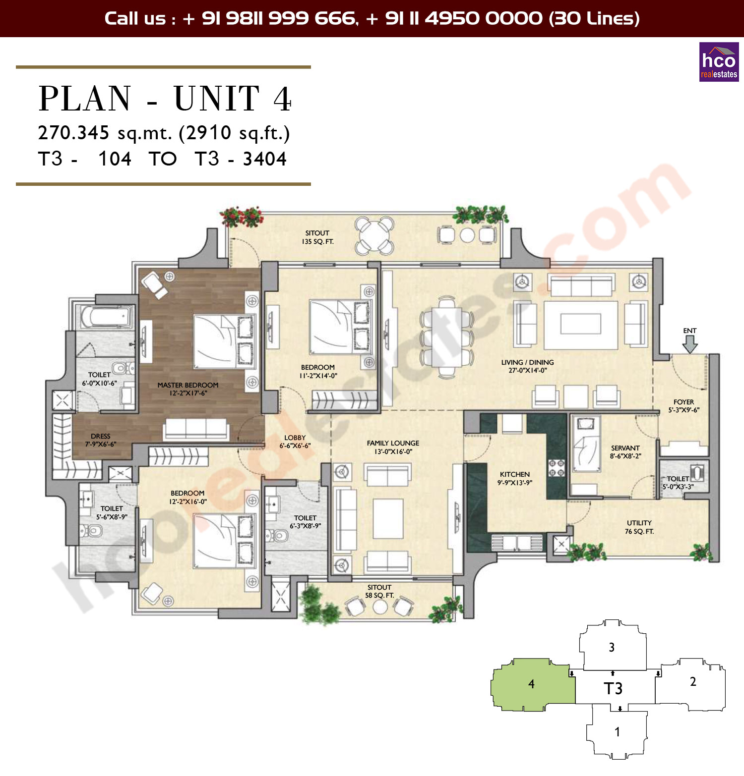 Unit 4, 3 BHK + Servant + Family Lounge + Utility + Living / Dining + Sitout: 2910 Sq.Ft.