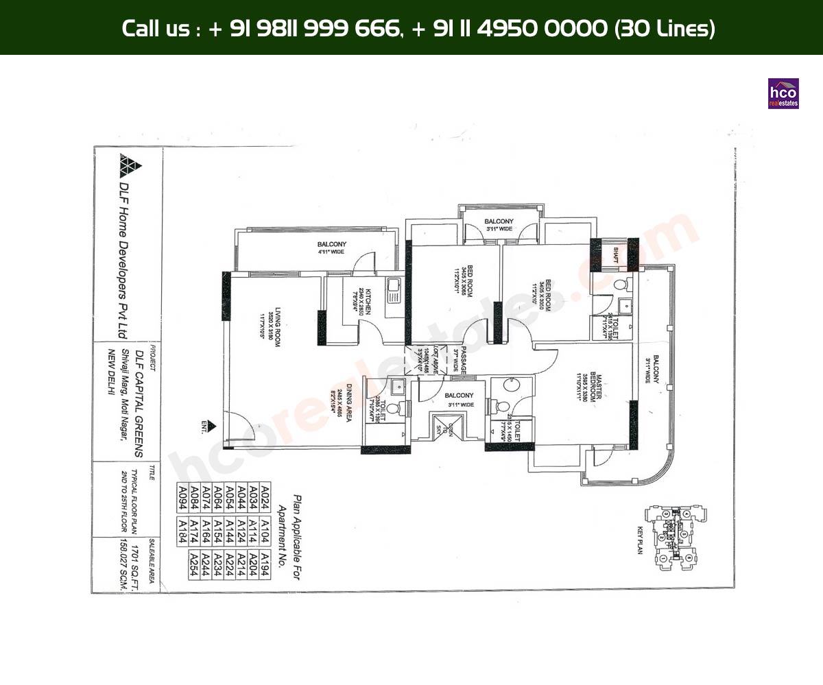 3 BHK + 3T - 2nd, 25th, Typical Floor Plan, A24 - A254 Block: 1701 Sq. Ft.