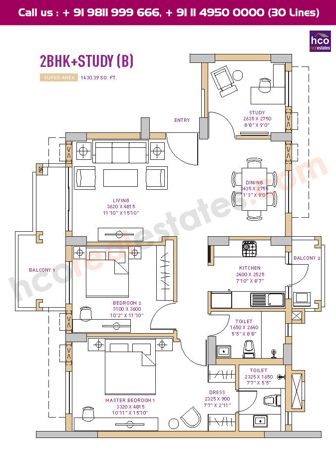 2 BHK + Study Type B Floor Plan : 1430 Sq.Ft.