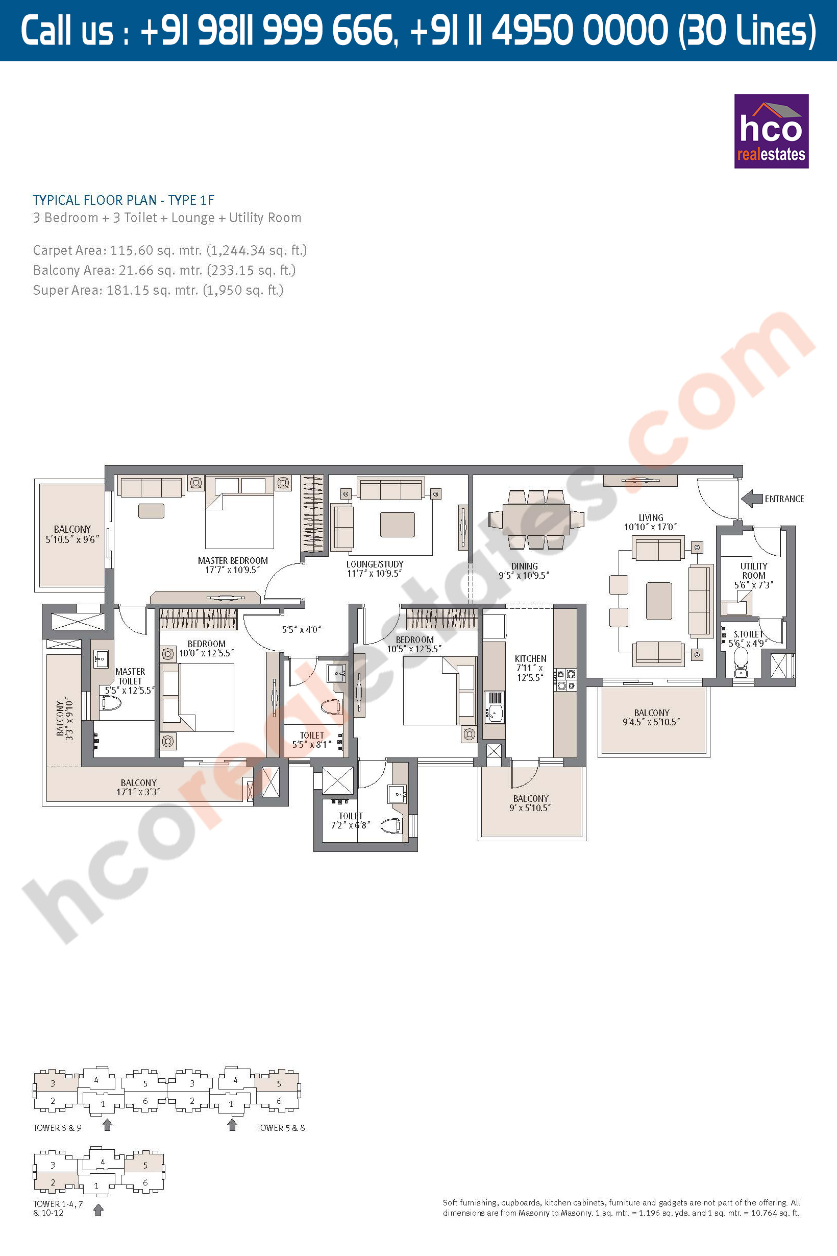 Type - 1F, Typical Floor Plan, Carpet Area : 1244 Sq. Ft