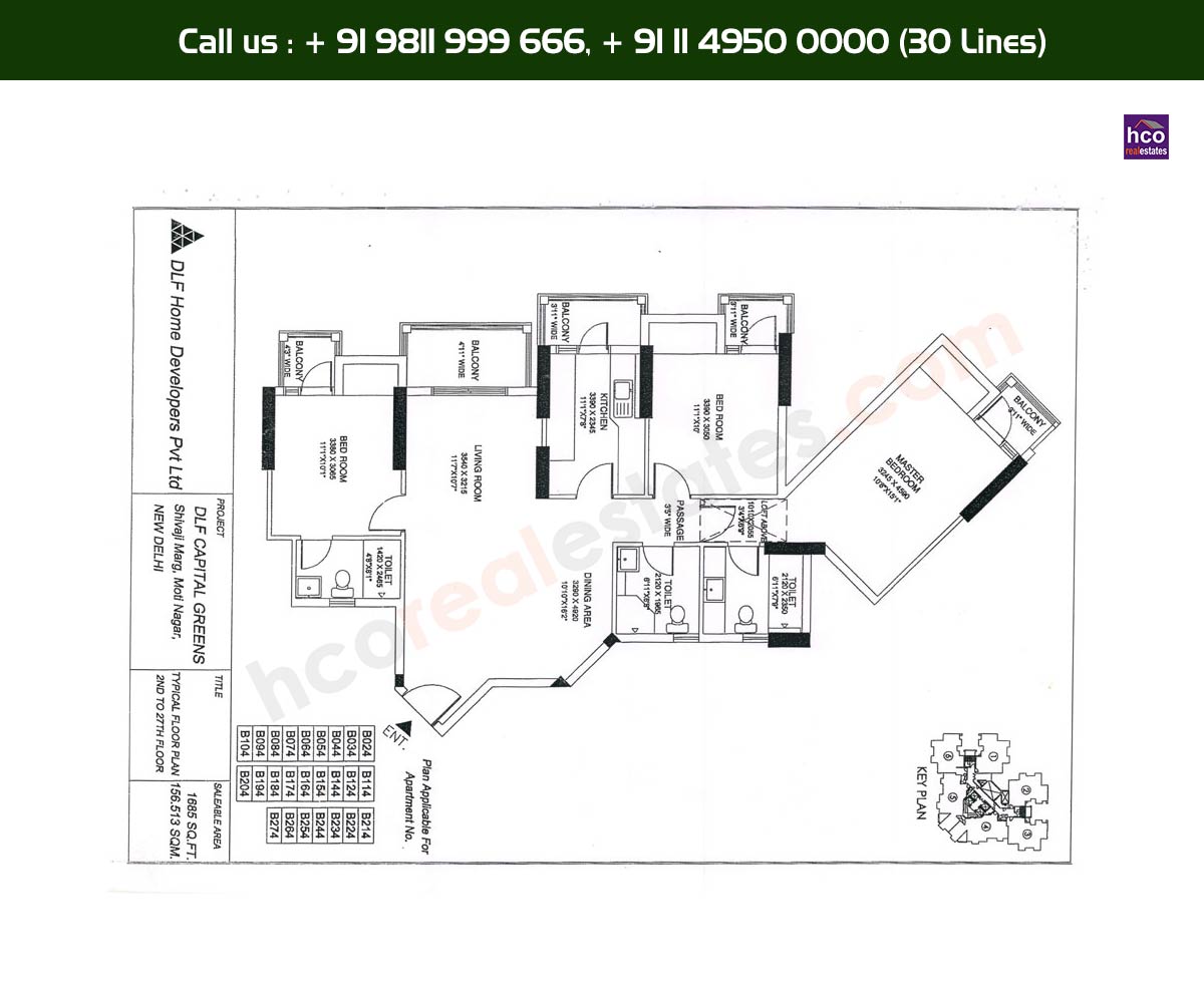 3 BHK + 3T - 2nd, 25th, Typical Floor Plan, B24 - B274 Block: 1685 Sq. Ft.