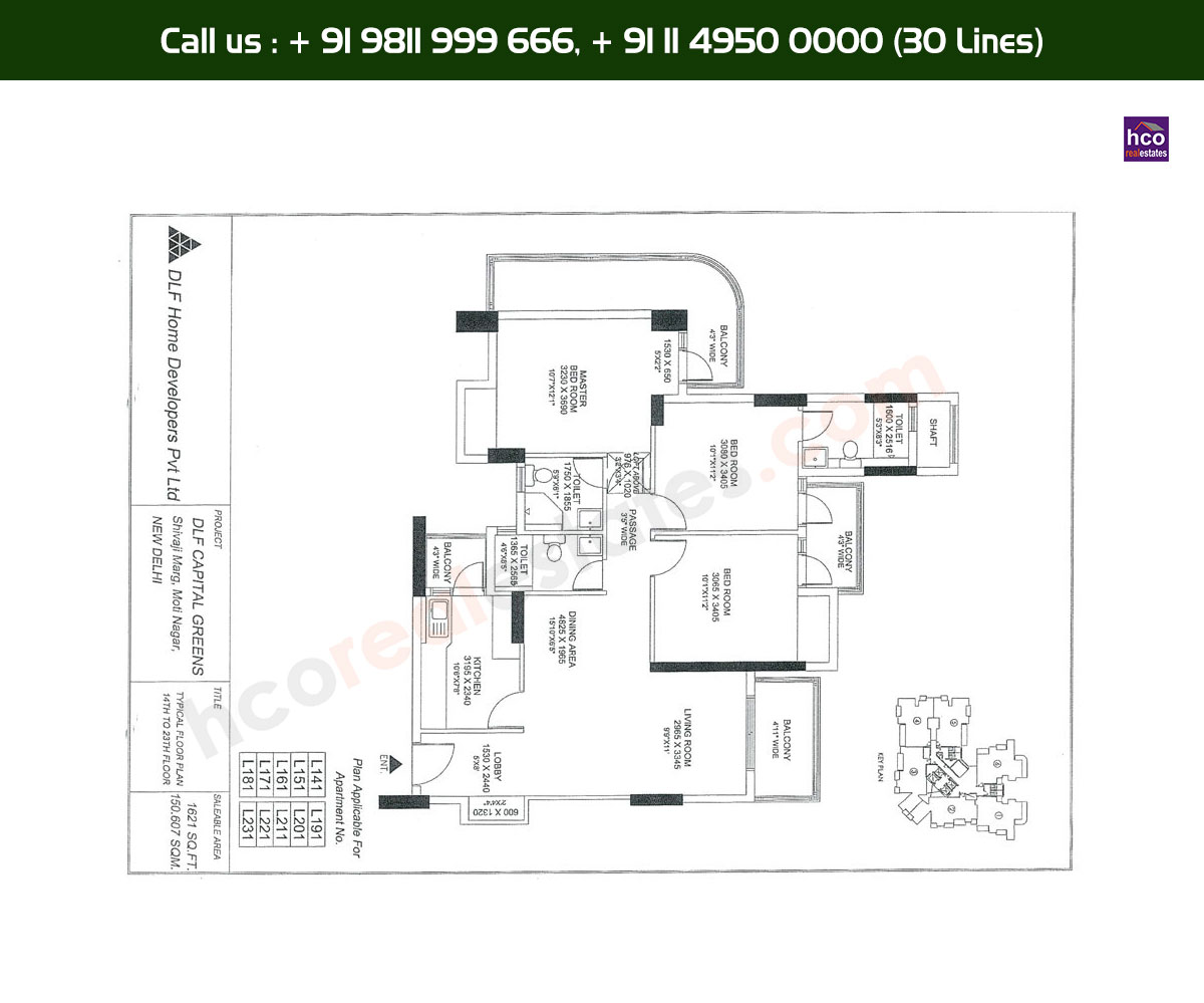 3 BHK + 3T, 14th, 23rd, Typical Floor Plan, L141 - L231 Block: 1621 Sq. Ft.