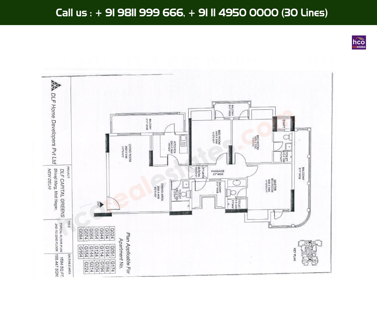 3 BHK + 3T - 2nd, 22nd, Typical Floor Plan, G24 - G224 Block: 1684 Sq. Ft.