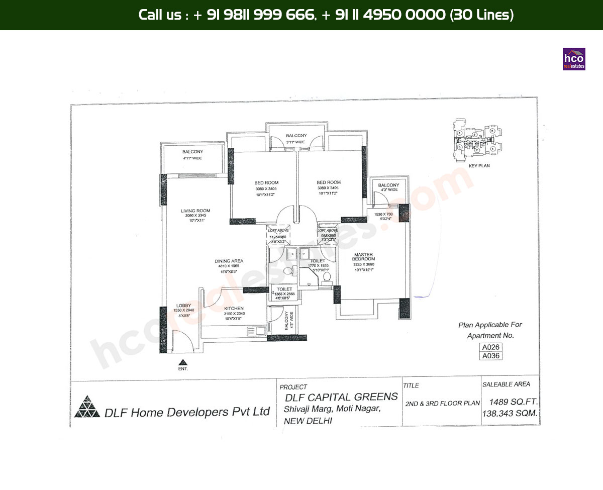 3 BHK + 2T - 2nd, 3rd, Floor Plan, A - Block: 1489 Sq. Ft.