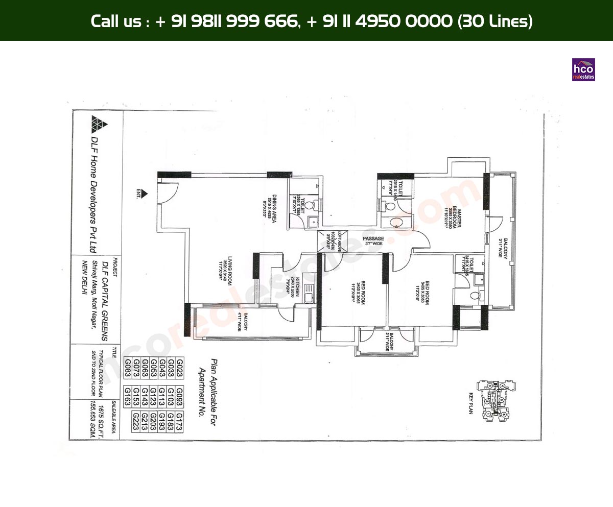 3 BHK + 3T - 2nd, 22nd, Typical Floor Plan, G Block: 1675 Sq. Ft.