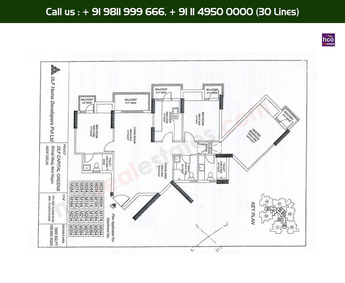 3 BHK + 3T, 2nd, 30th, Typical Floor Plan, M24 - M304 Block: 1686 Sq. Ft.