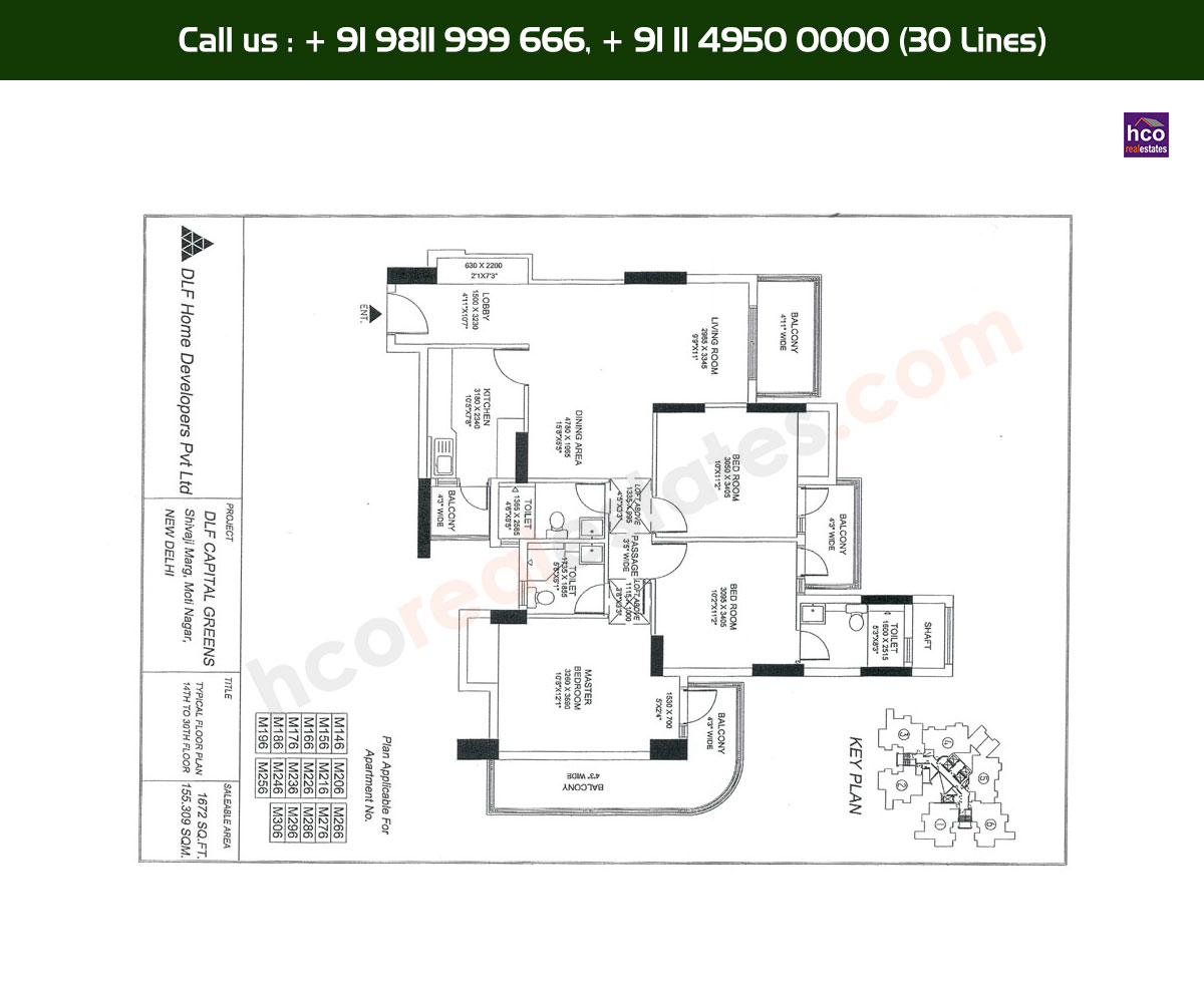 3 BHK + 3T, 14th, 30th, Typical Floor Plan, M146 - M306 Block: 1672 Sq. Ft.
